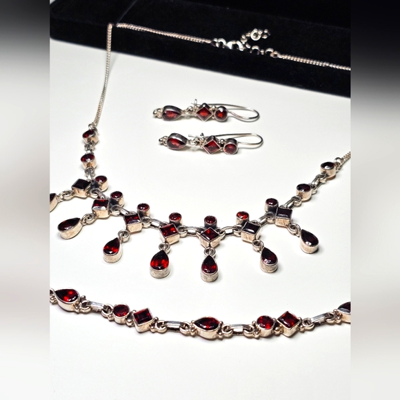 Jewelry - Genuine Garnet and Sterling Silver Set (Necklace, Bracelet, & Earrings)